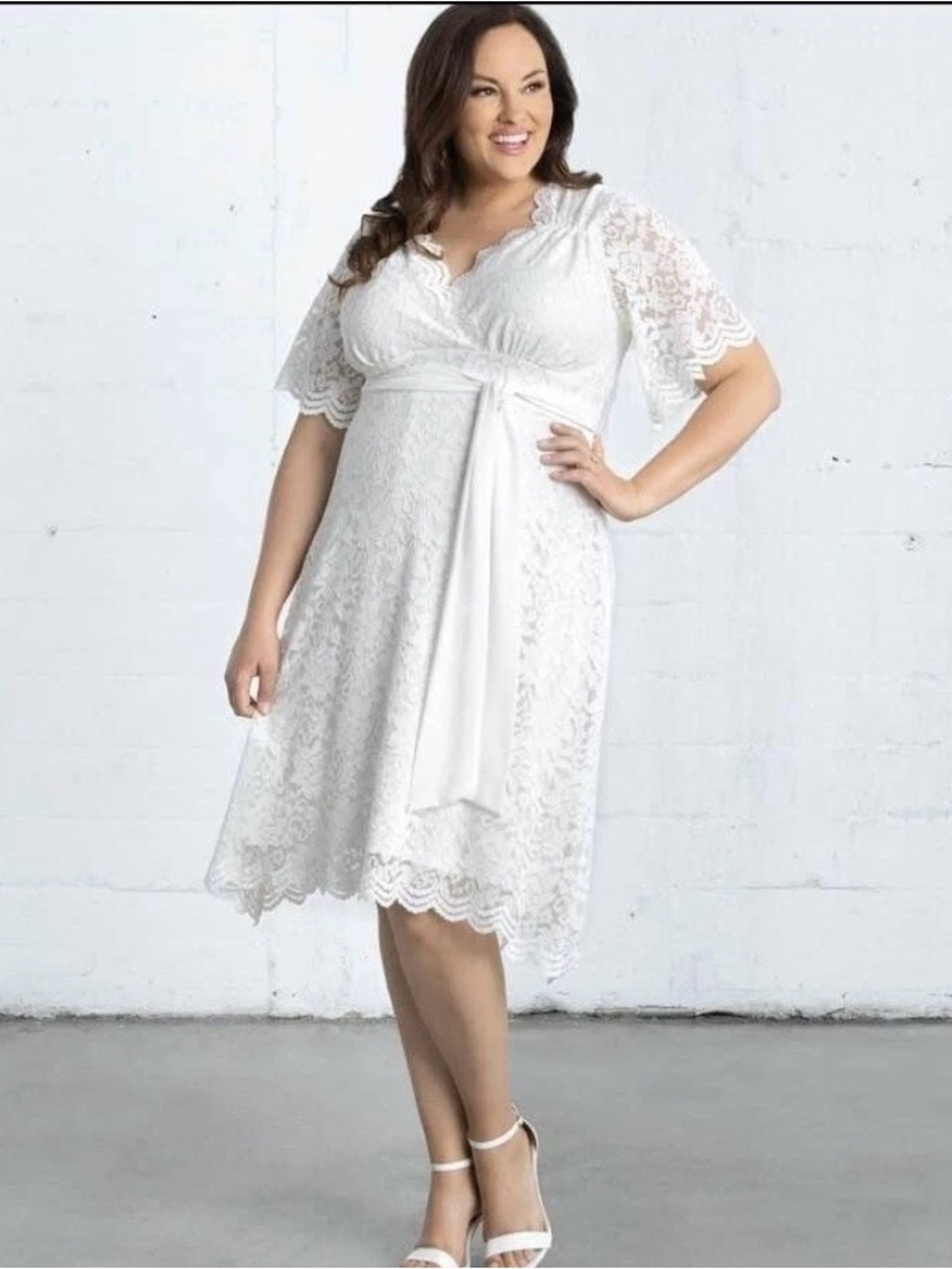 Kiyonna Bridal Dress Midi Size 0X Large Ivory Lace Day Dress Short Sleeves 10/12 - Picture 9 of 11